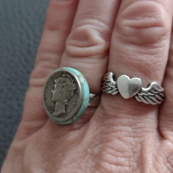 Sale! VINTAGE Handmade Turquoise Silver Mercury Dime Adjustable Ring - Picture 5 of 6